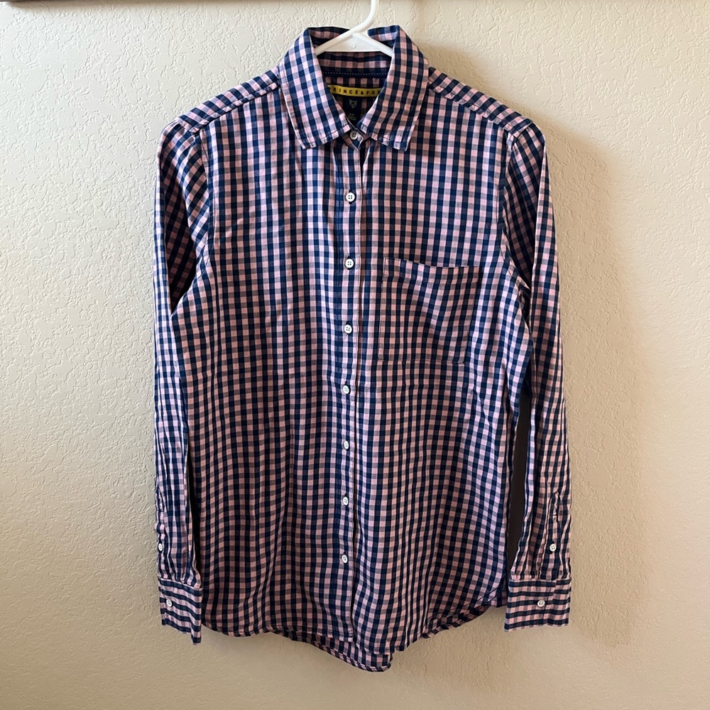 Prince & Fox Women’s Button-Up Shirt | Size S/P | Pink & Navy Gingham Plaid